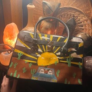 Hand-Painted Sunrise Desert Satchel Bag - Black & Brown